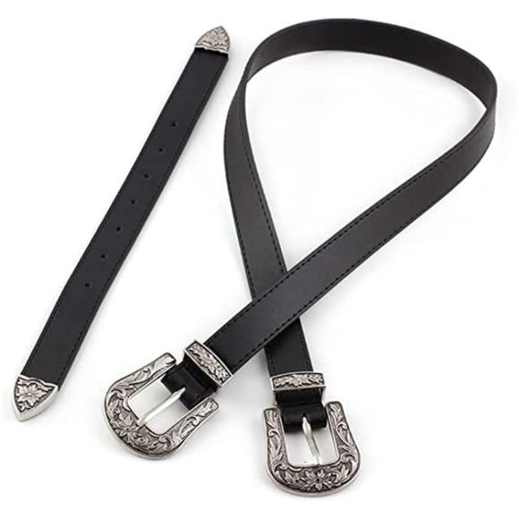 KorhLeoh Double-Buckle Cowgirl, Western-Style Vintage Buckle Leather Waist Belt main image 5
